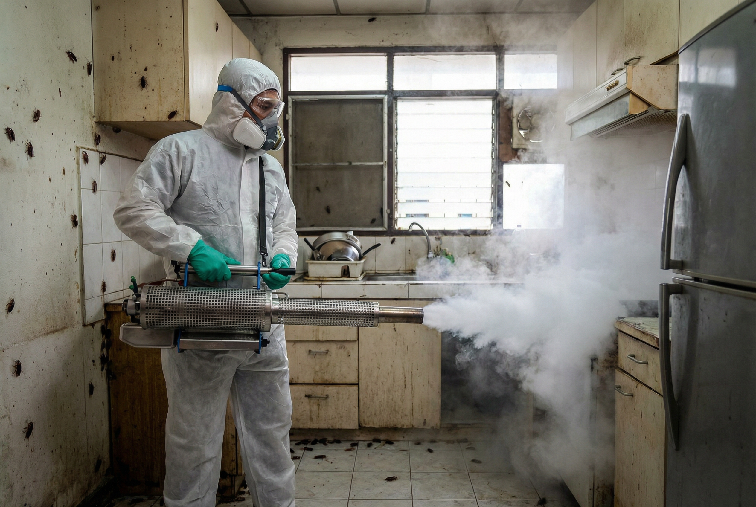 Мастер проводит дезинсекцию тараканов